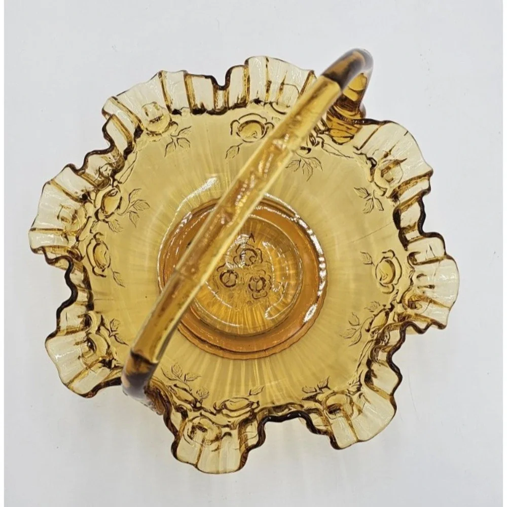 Vintage Amber Pressed Glass Basket Ruffled Edges Roses Applied Handle